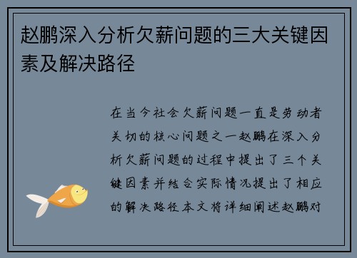 赵鹏深入分析欠薪问题的三大关键因素及解决路径 赵鹏深入分析欠薪问题的三大关键因素及解决路径